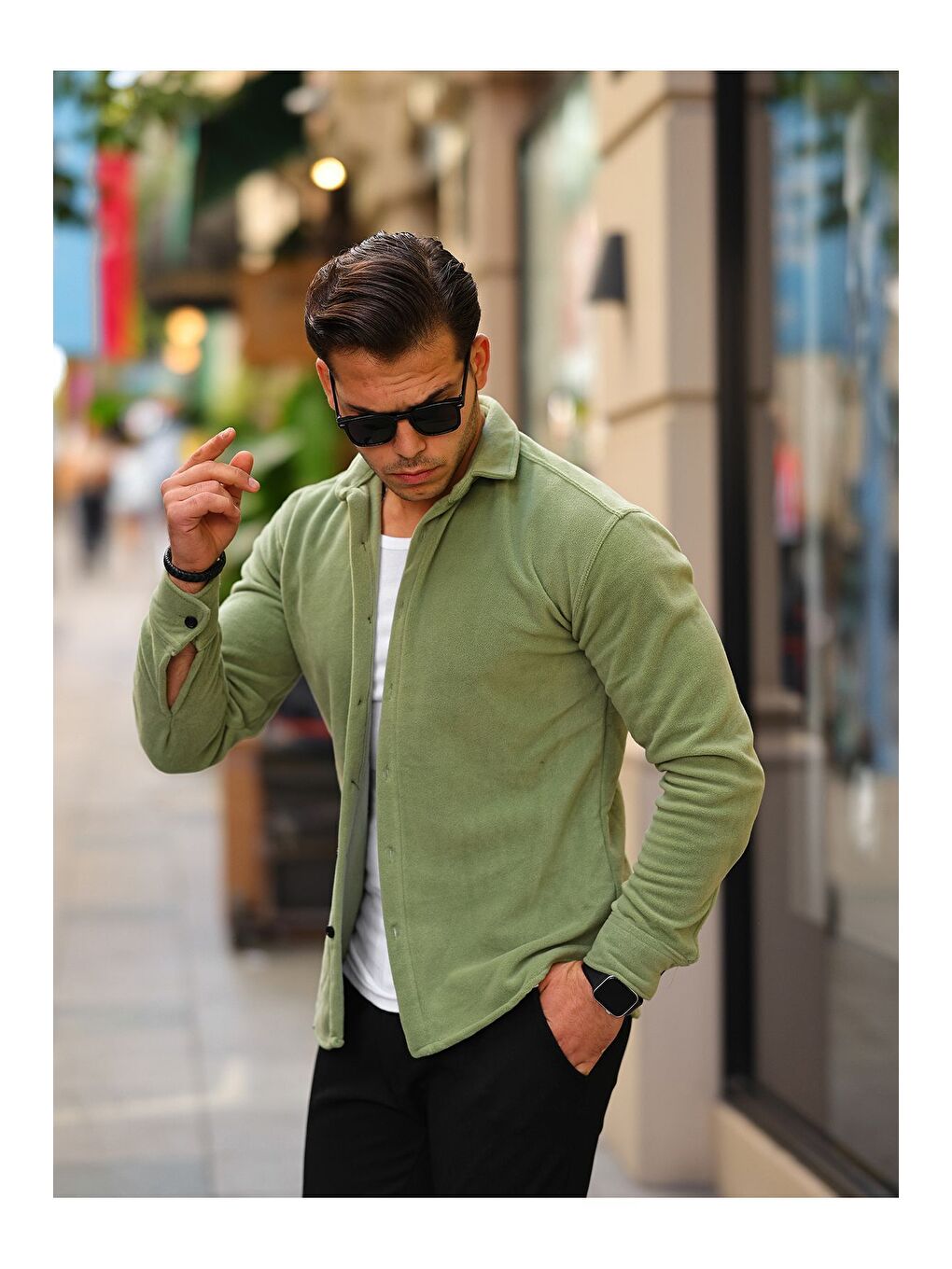 Yeşil Erkek Polar Rahat Kalıp Gömlek-2