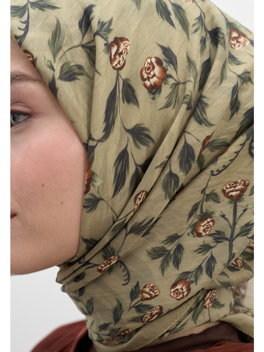 Yeşil Leana Desen Pamuklu Viskon Eşarp Çağla-3