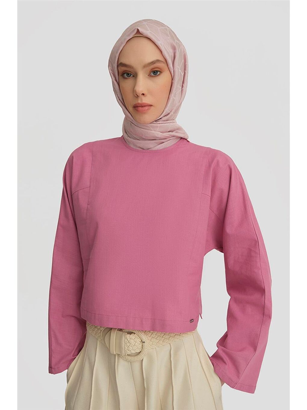 Pembe Kup Dikiş Detaylı Basic Bluz 25Y3715 Sümbül-1