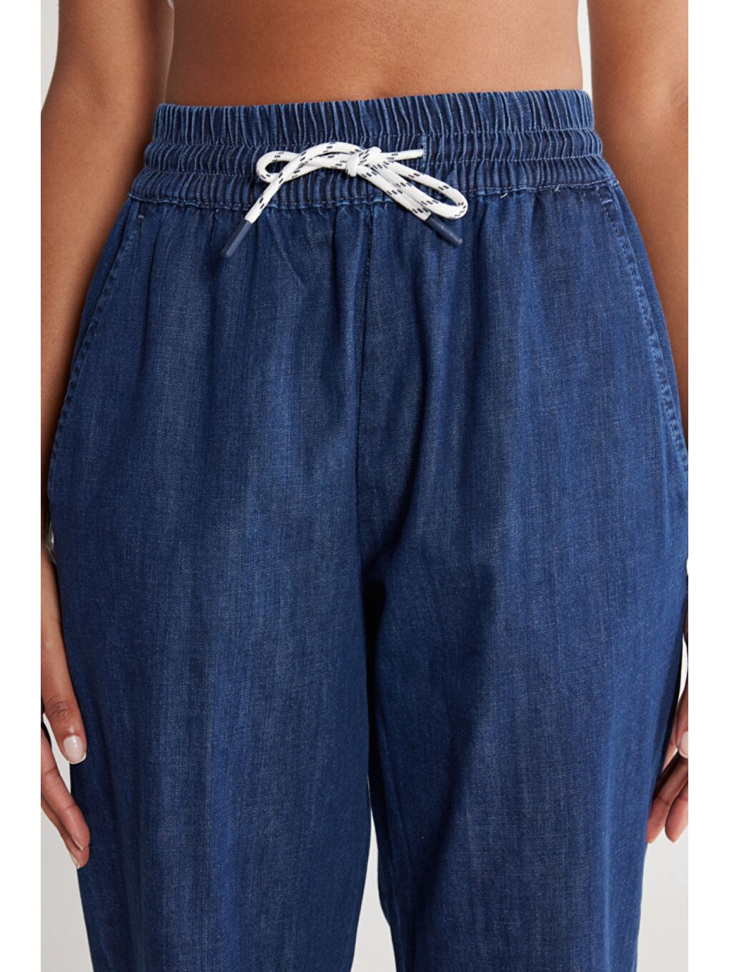 Bej Regular Fit Normal Kesim %100 Pamuk Yüksek Bel Jean Jogger Pantolon-4