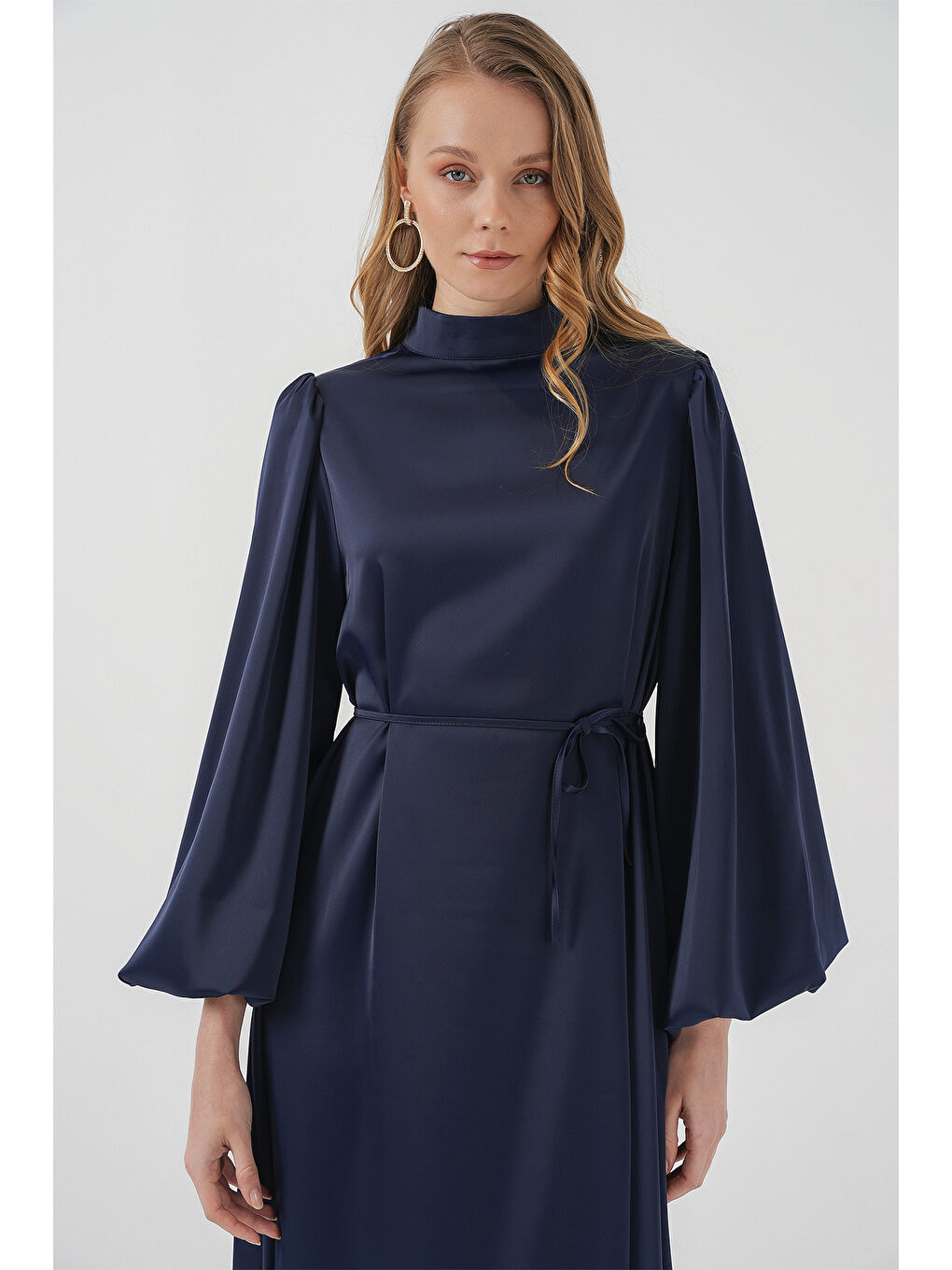 2510 Saten Tesettür Abiye Elbise - Lacivert-3