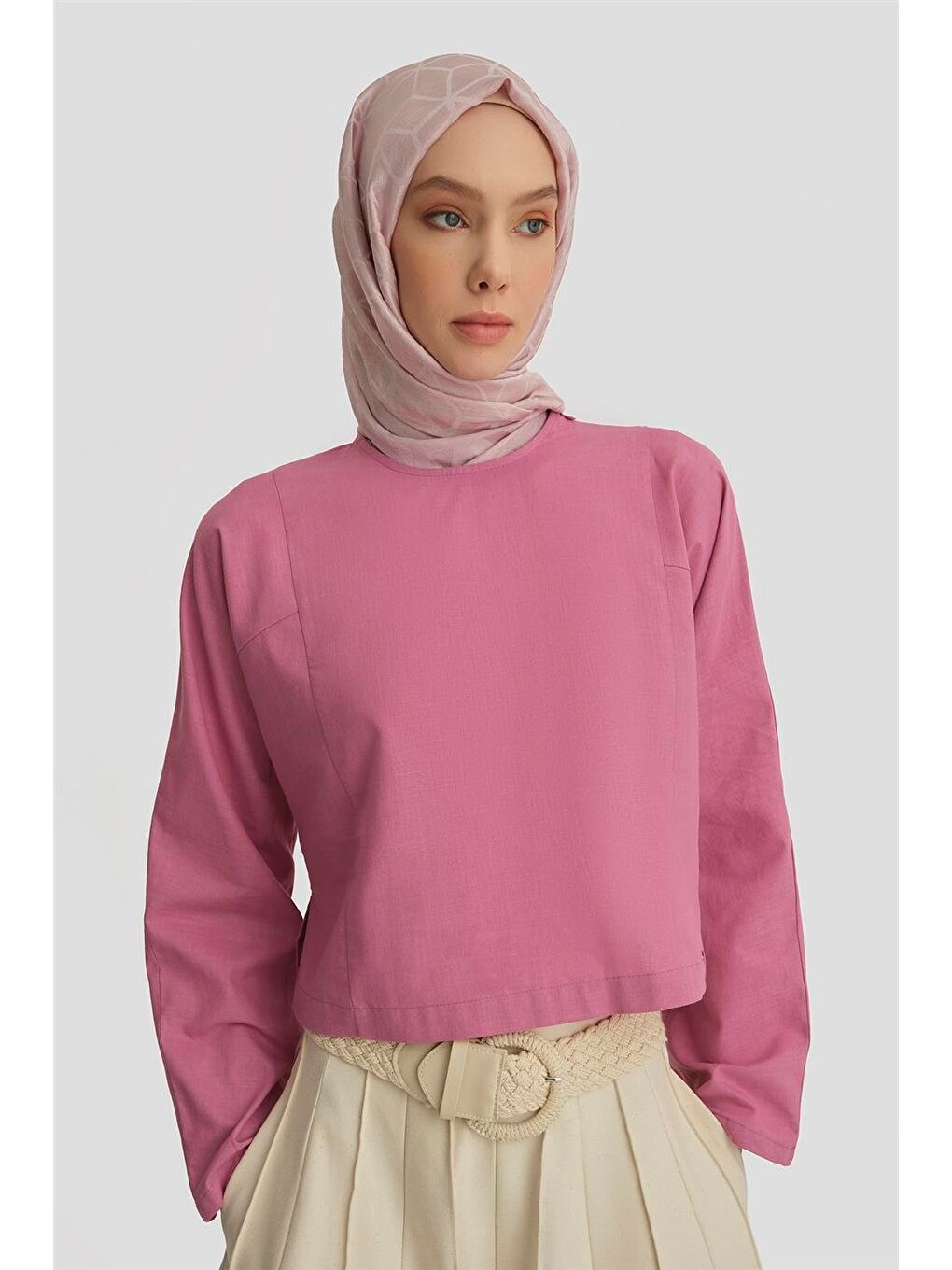 Pembe Kup Dikiş Detaylı Basic Bluz 25Y3715 Sümbül-2