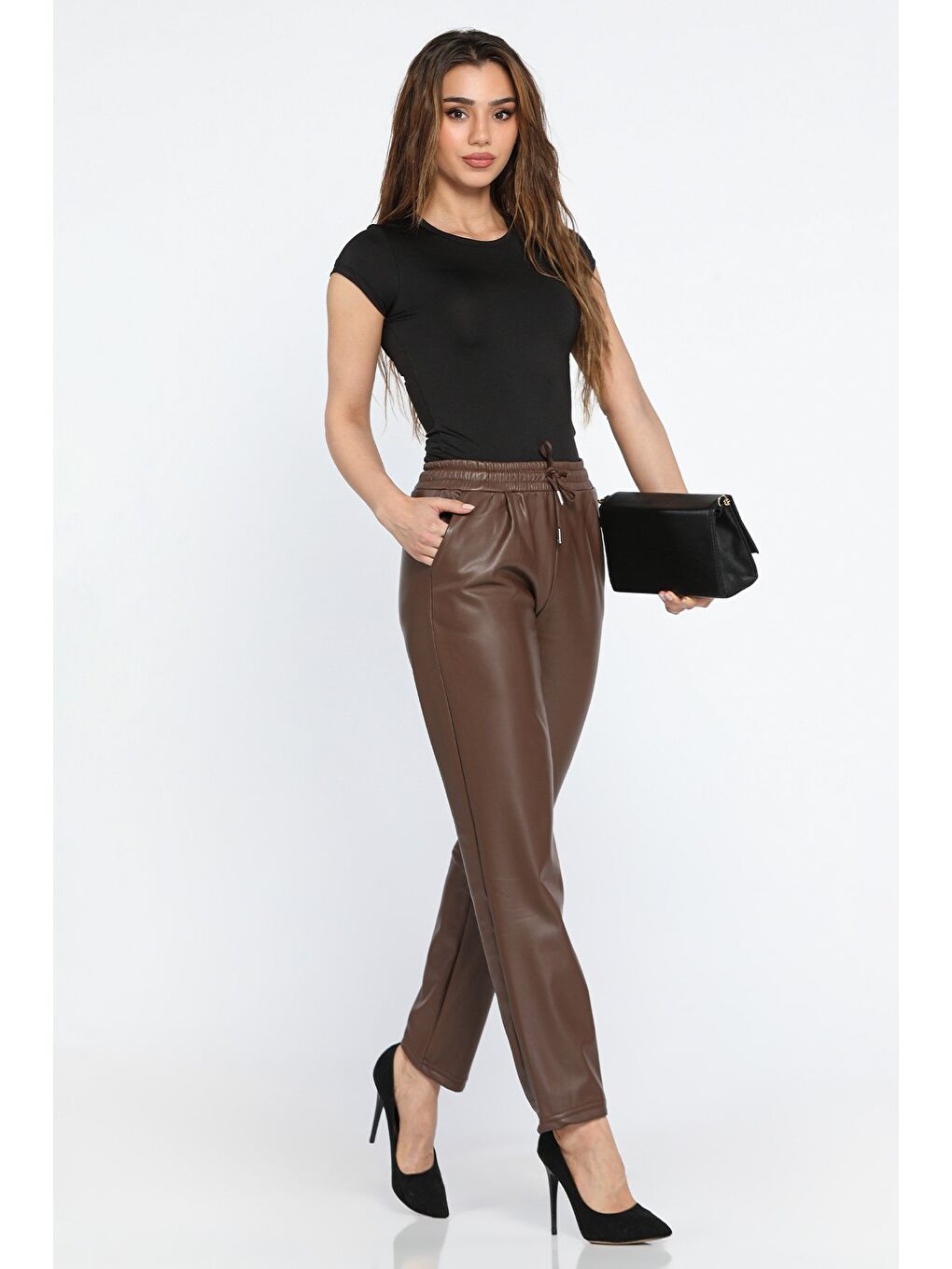 Kahverengi Kadınyüksek Bel İçi Şardonlu Suni Deri Pantolon