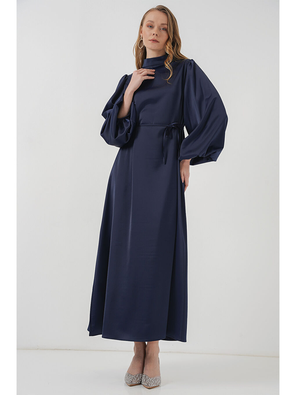 2510 Saten Tesettür Abiye Elbise - Lacivert-4