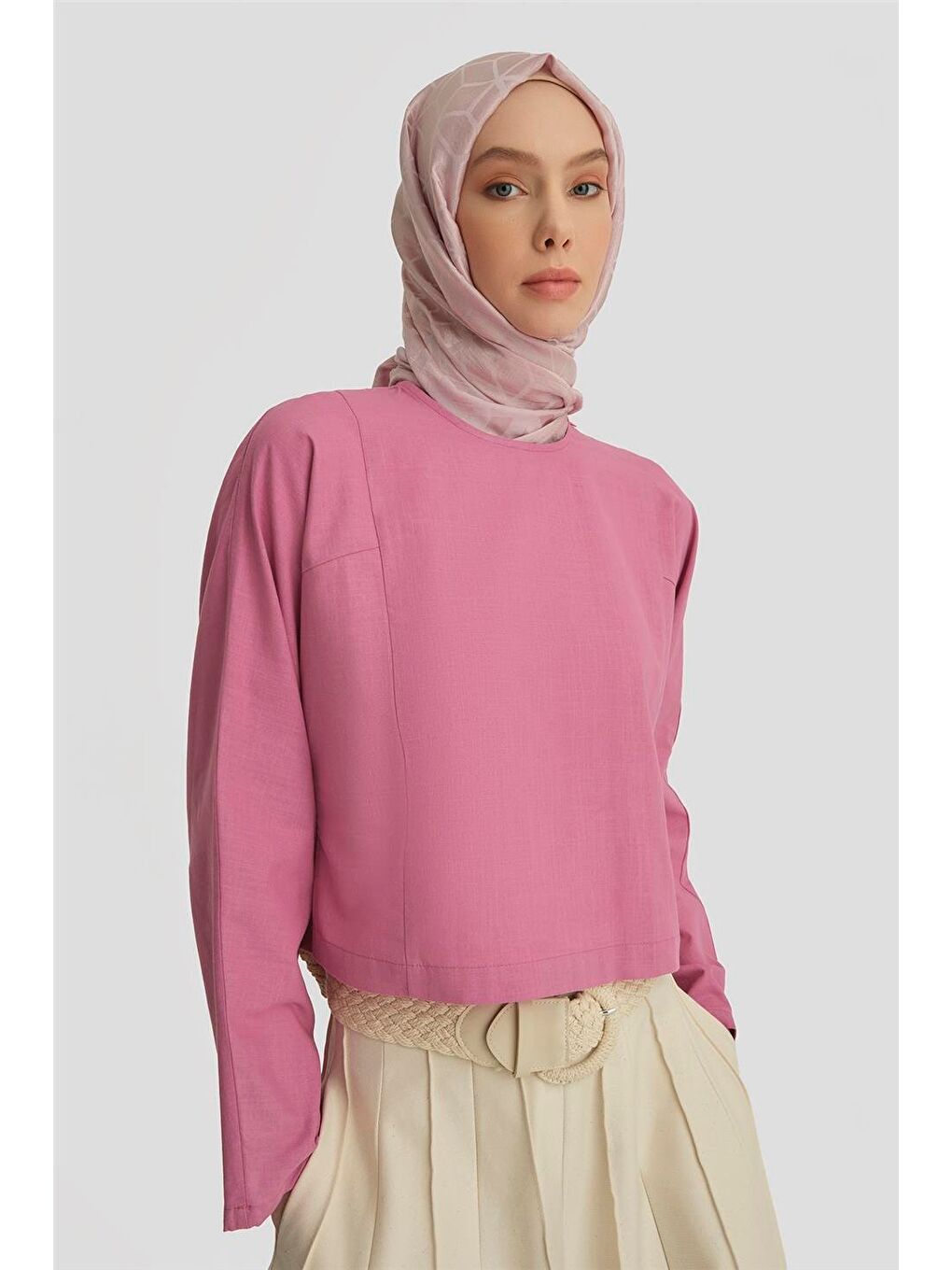 Pembe Kup Dikiş Detaylı Basic Bluz 25Y3715 Sümbül-3