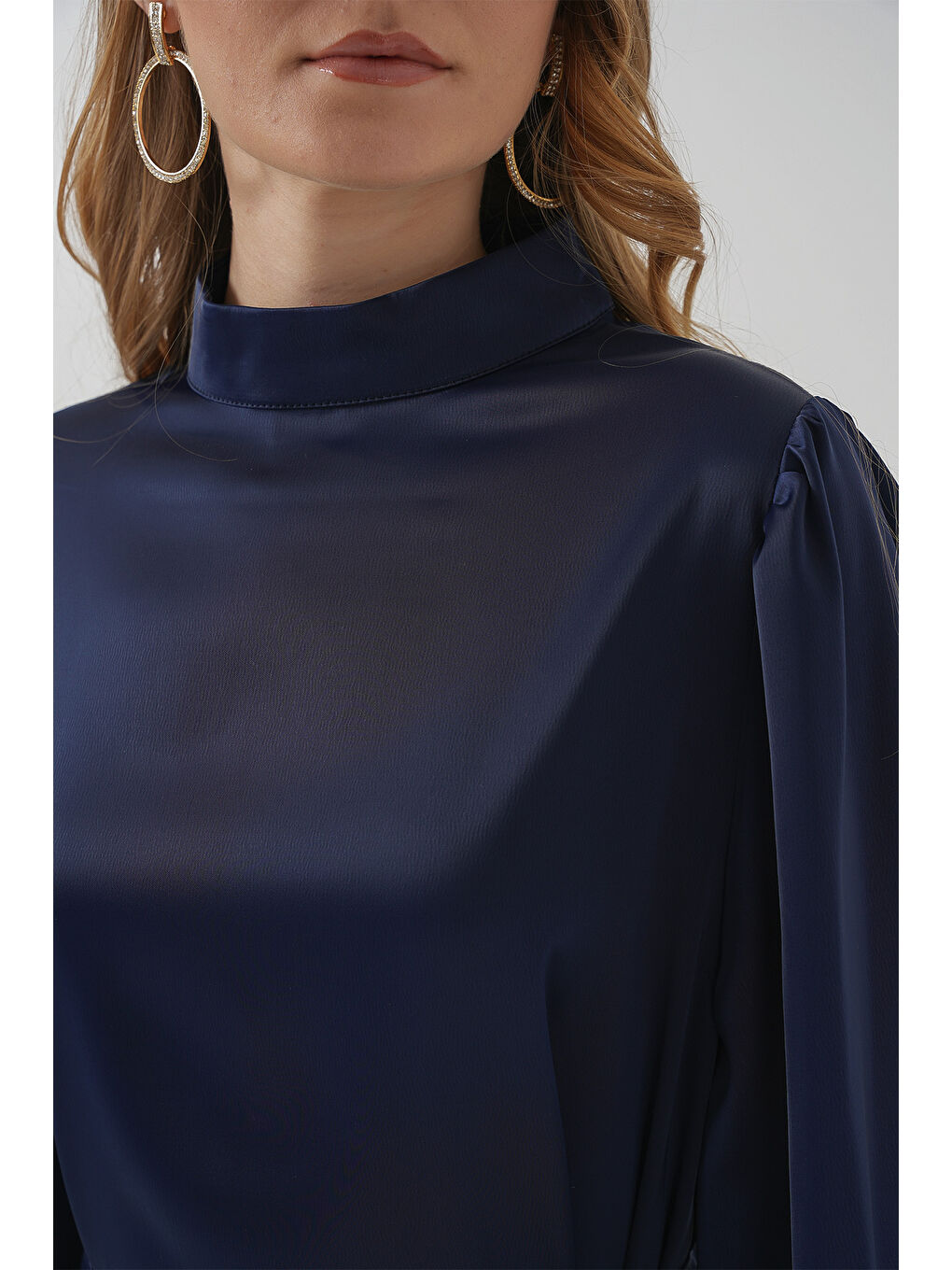 2510 Saten Tesettür Abiye Elbise - Lacivert-5