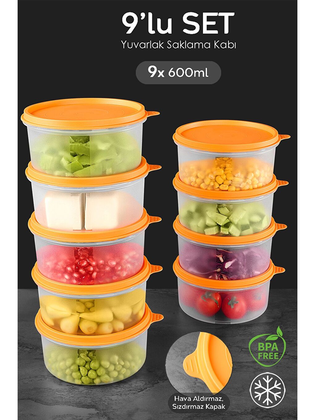 9'lu Yuvarlak Gıda Saklama Kabı Seti 9x600 ml Turuncu