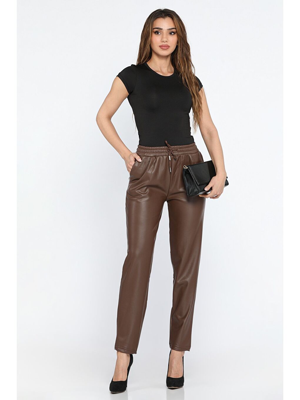 Kahverengi Kadınyüksek Bel İçi Şardonlu Suni Deri Pantolon-1