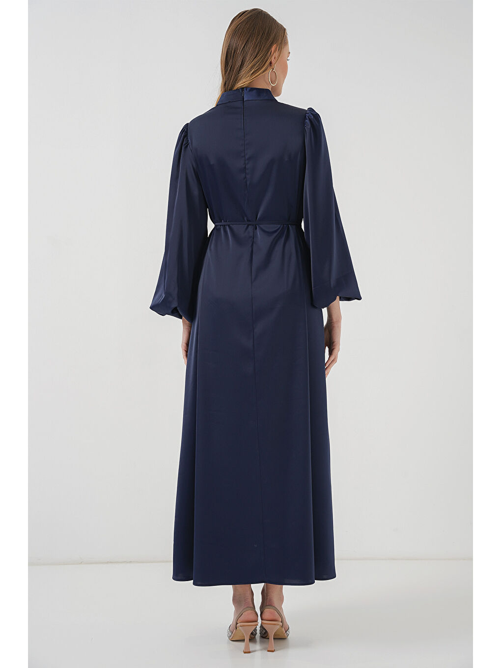 2510 Saten Tesettür Abiye Elbise - Lacivert-6