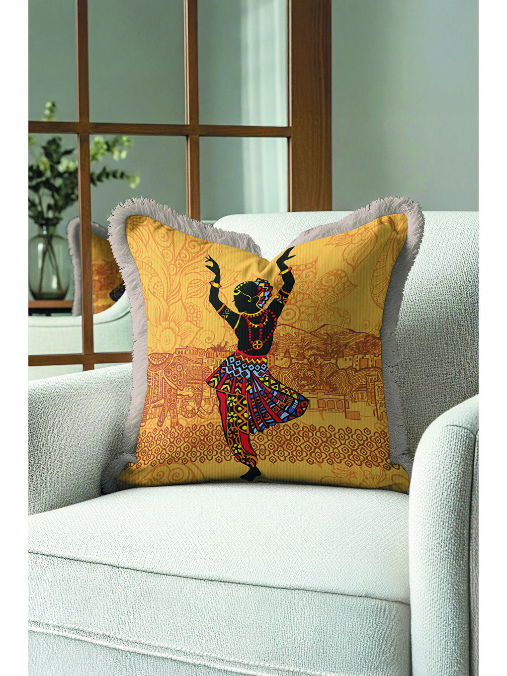 Karışık Hint Motifli Saçaklı Yastık Kılıfı - Sanatsal Bohem Altın Renkli Gri Püsküllü Kırlent Kılıfı-1