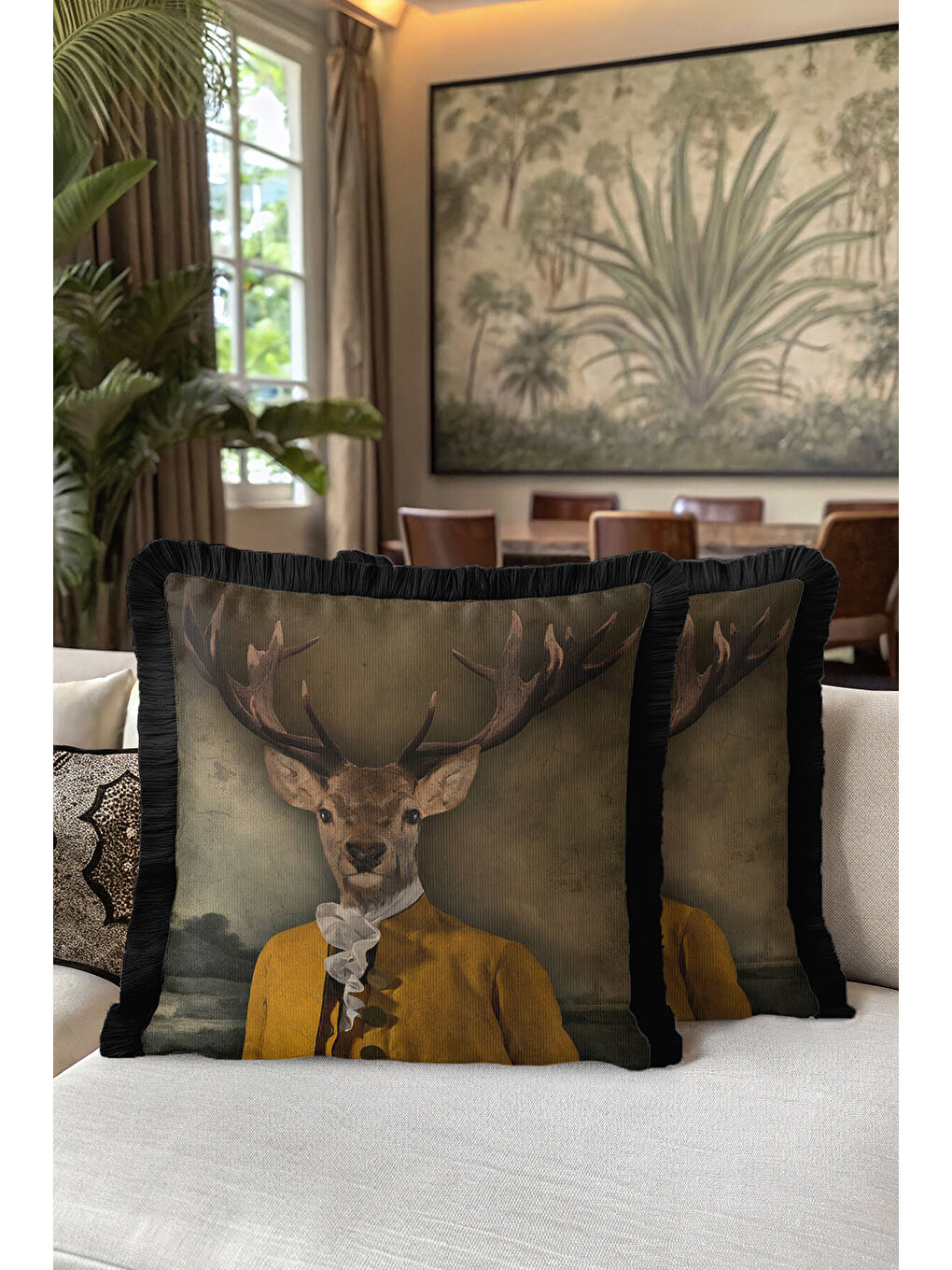 Karışık Sofistike Vintage Avangard Saçaklı Yastık Kılıfı - Portre Klasik Retro Gold Püsküllü Kırlent Kılıfı-5