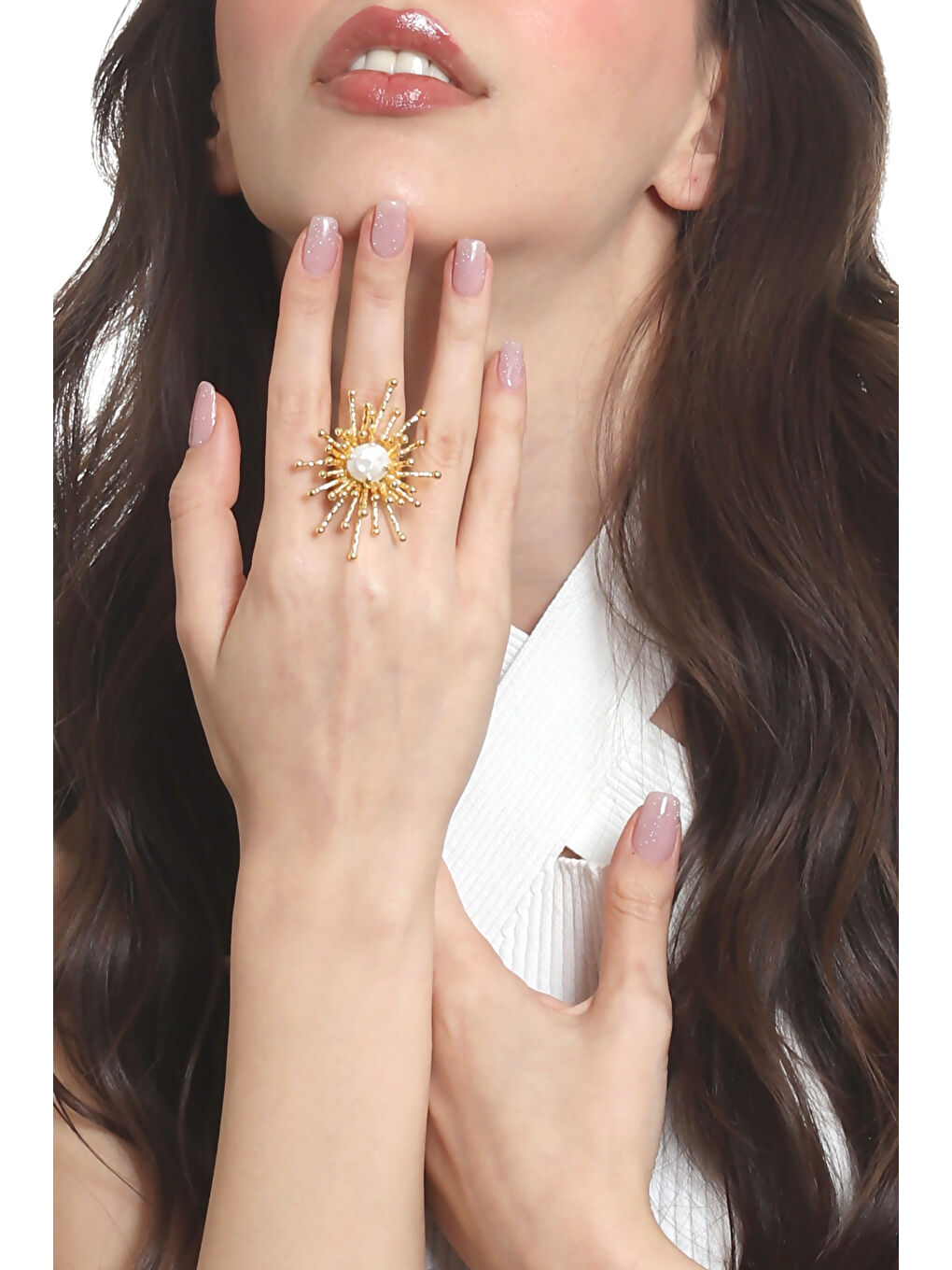 Sarı Kadın Altın Renk Kaplama İnci Detaylı Ayarlanabilir Büyük Güneş Yüzük-2