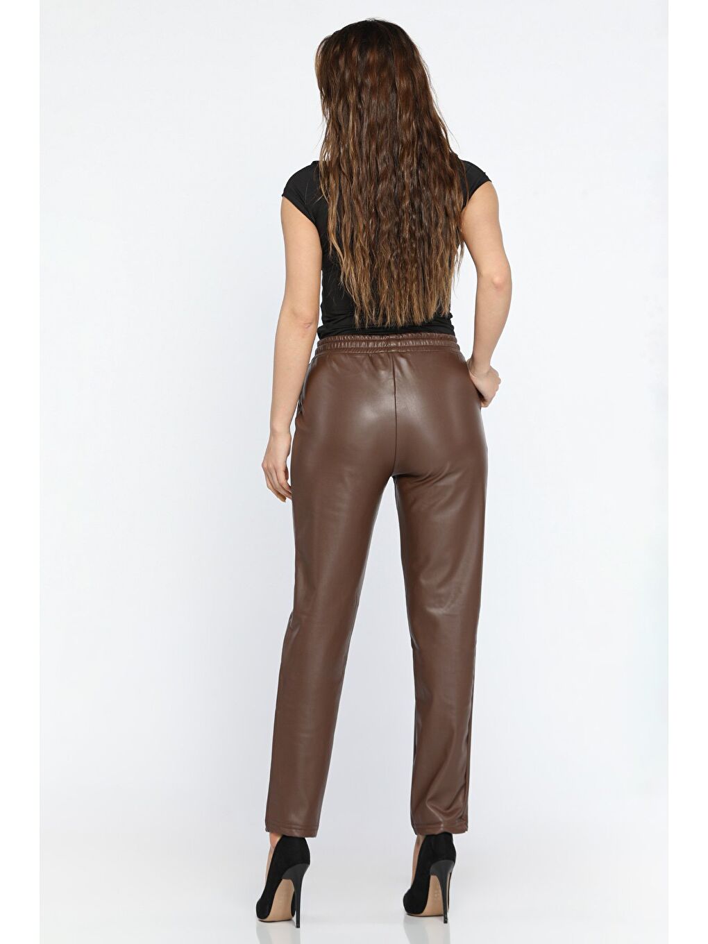 Kahverengi Kadınyüksek Bel İçi Şardonlu Suni Deri Pantolon-2