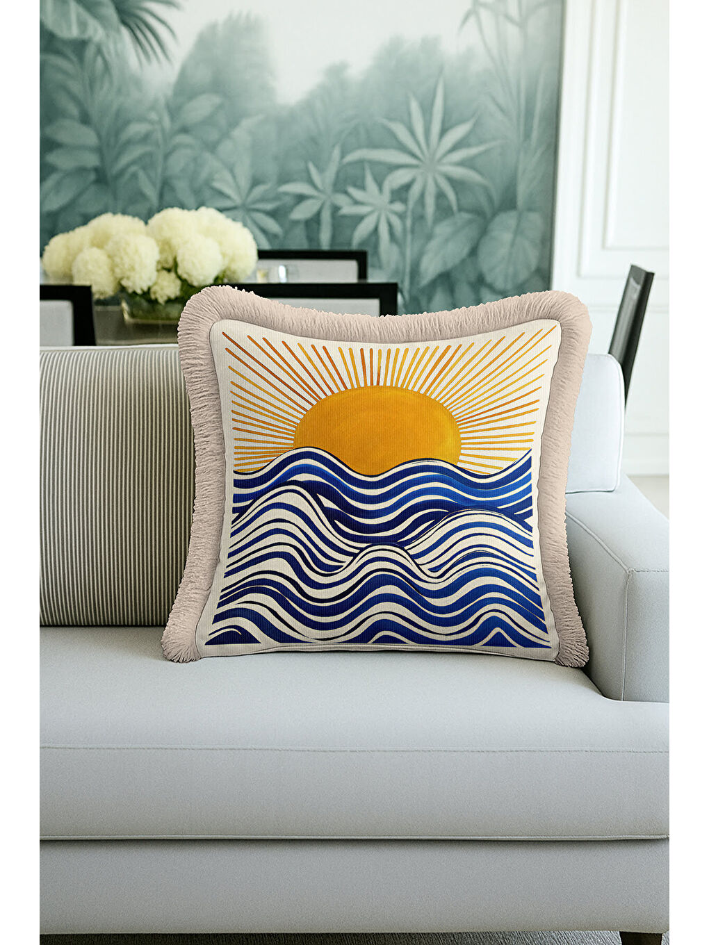 Karışık Deniz Dalgası Saçaklı Yastık Kılıfı - Akdeniz Temalı Modern Mavi Altın Renk Püsküllü Kırlent Kılıfı-4