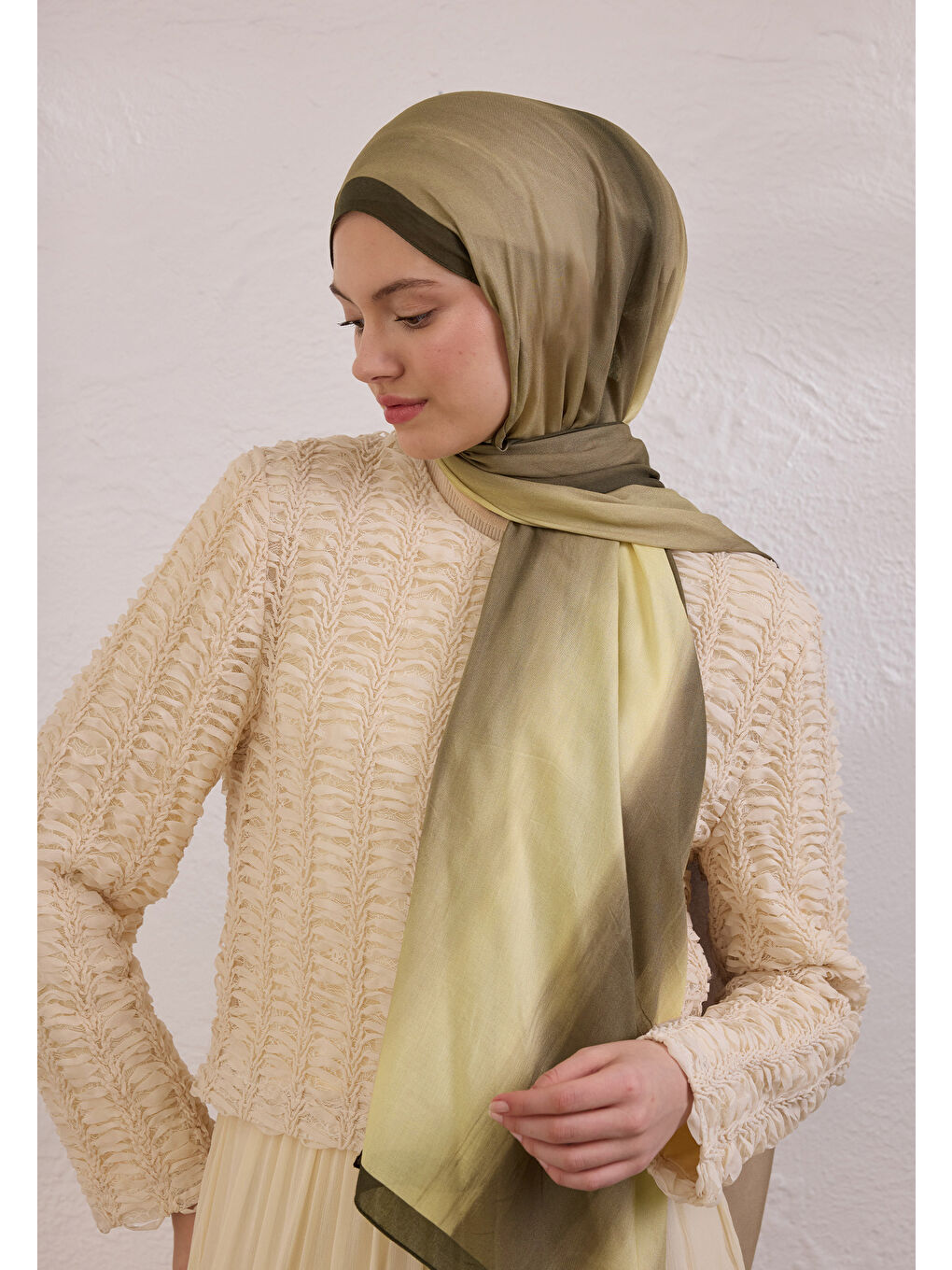 Bej Color Brush Desen Rami Şal Vizon-1