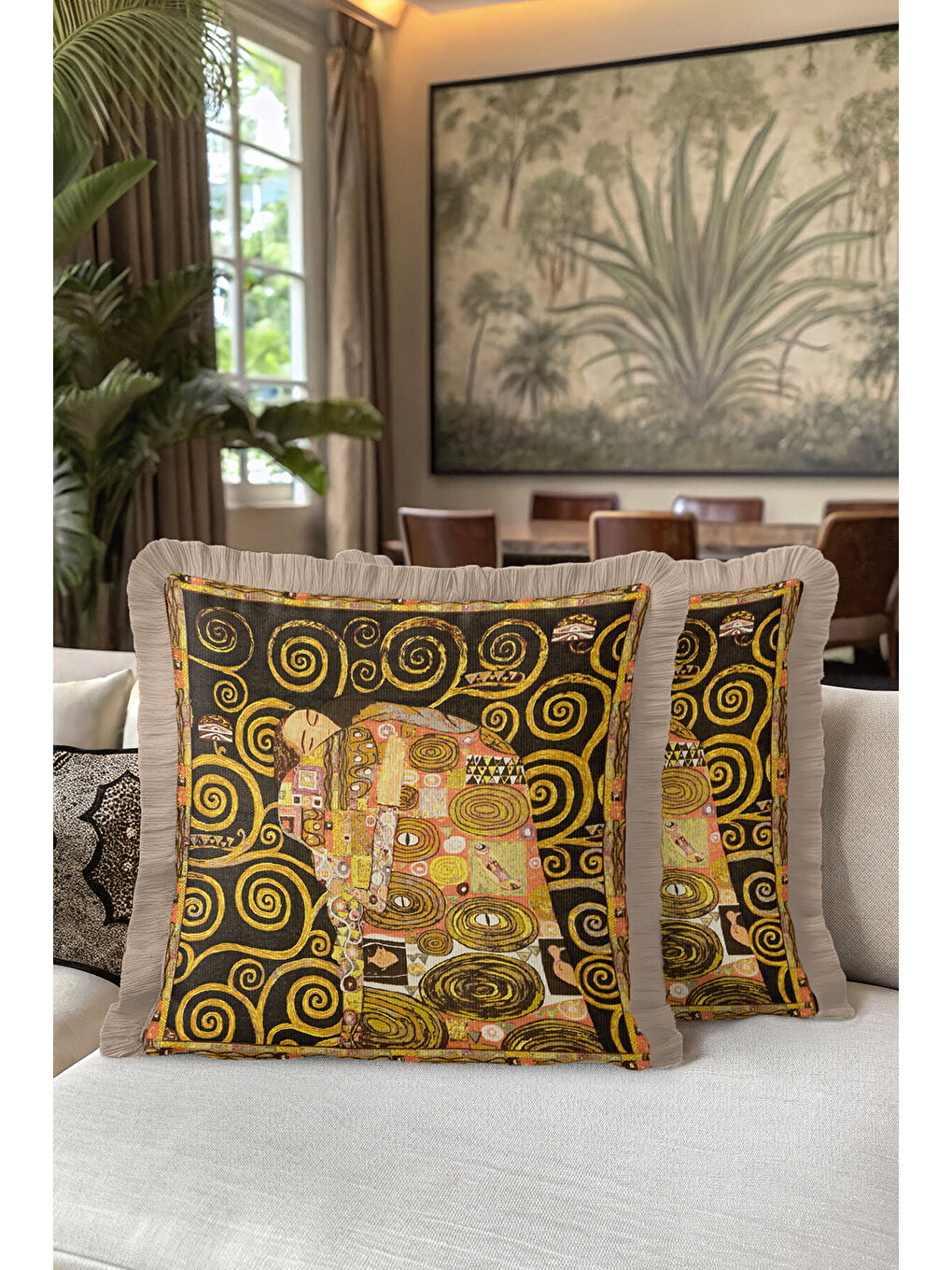 Karışık Sanat Eseri İllüstrasyonlu Saçaklı Yastık Kılıfı - Soyut Bohem Altın Renkli Püsküllü Kırlent Kılıfı-5