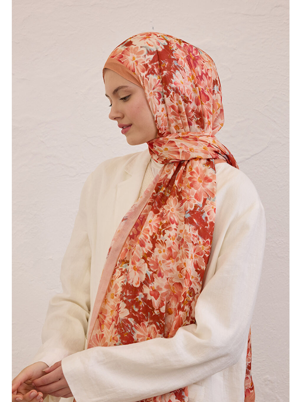 Turuncu Cherry Blossom Desen Rami Şal Şeftalı-1