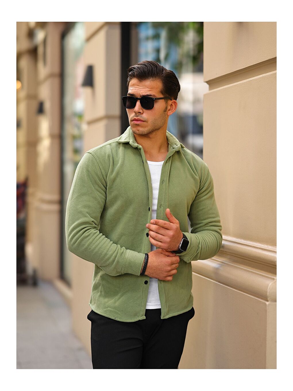 Yeşil Erkek Polar Rahat Kalıp Gömlek-3