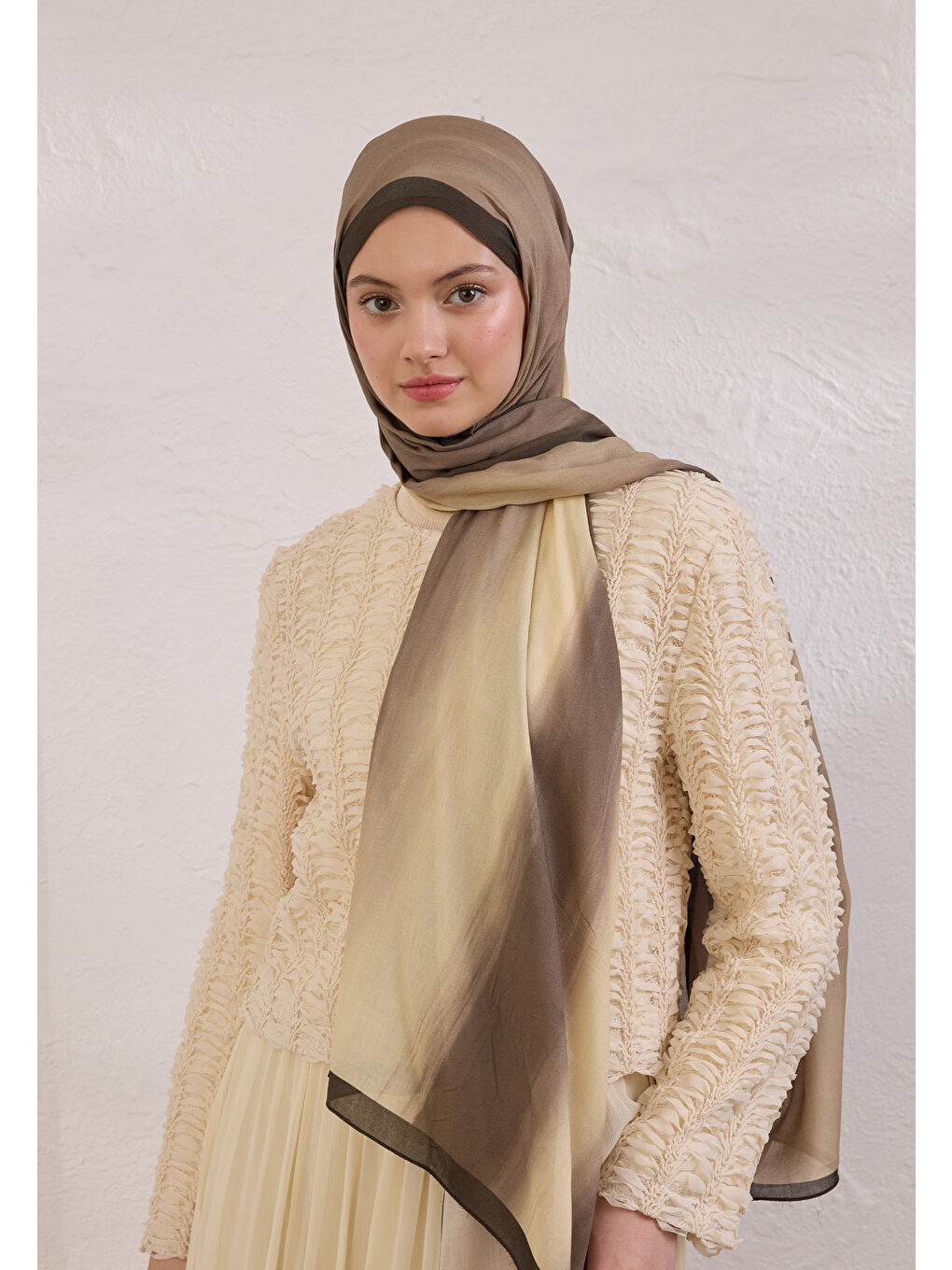 Bej Color Brush Desen Rami Şal Vizon-2