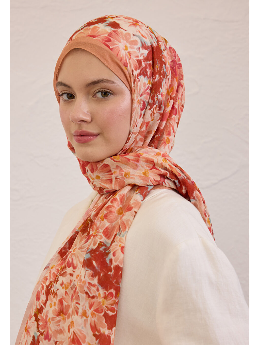Turuncu Cherry Blossom Desen Rami Şal Şeftalı-2