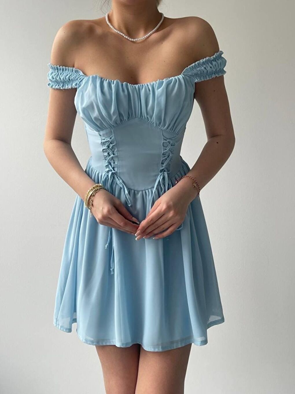 Mavi Aria Büzgü Askılı Elbise-1