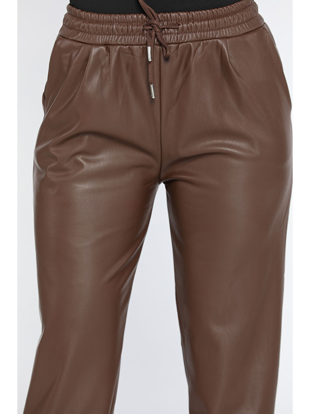 Kahverengi Kadınyüksek Bel İçi Şardonlu Suni Deri Pantolon-3