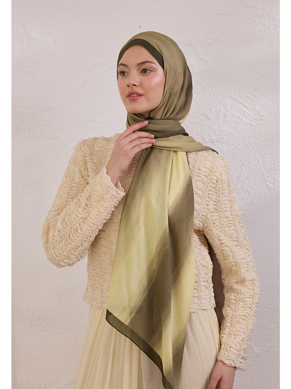 Bej Color Brush Desen Rami Şal Vizon-3
