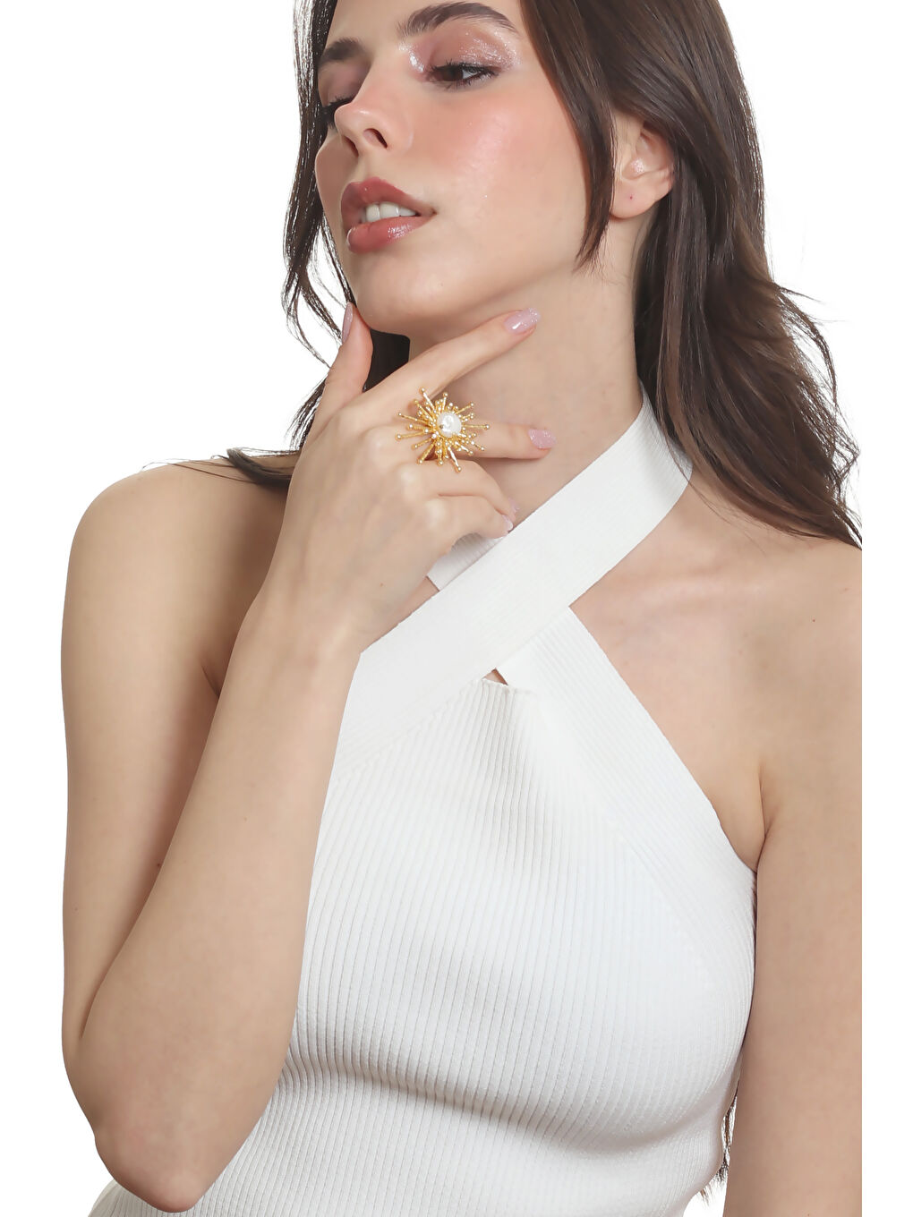 Sarı Kadın Altın Renk Kaplama İnci Detaylı Ayarlanabilir Büyük Güneş Yüzük-4