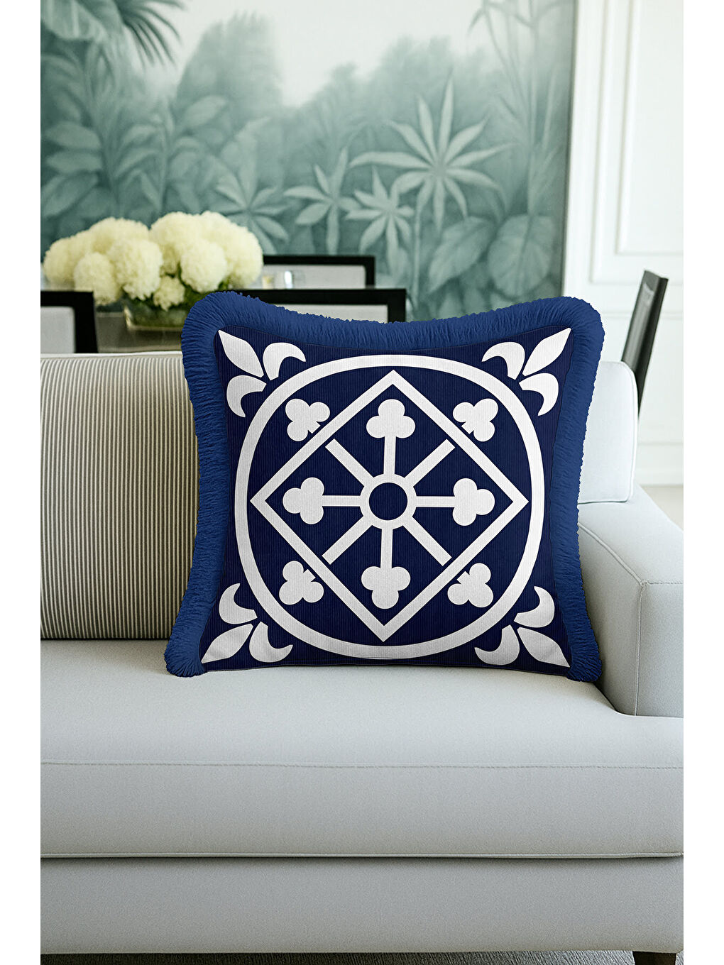 Karışık Zarif Geometrik Saçaklı Yastık Kılıfı - Lüks Mavi Akdeniz Tarzı Krem Püsküllü Kırlent Kılıfı-1