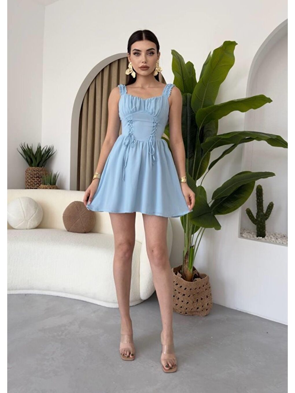 Mavi Aria Büzgü Askılı Elbise-3