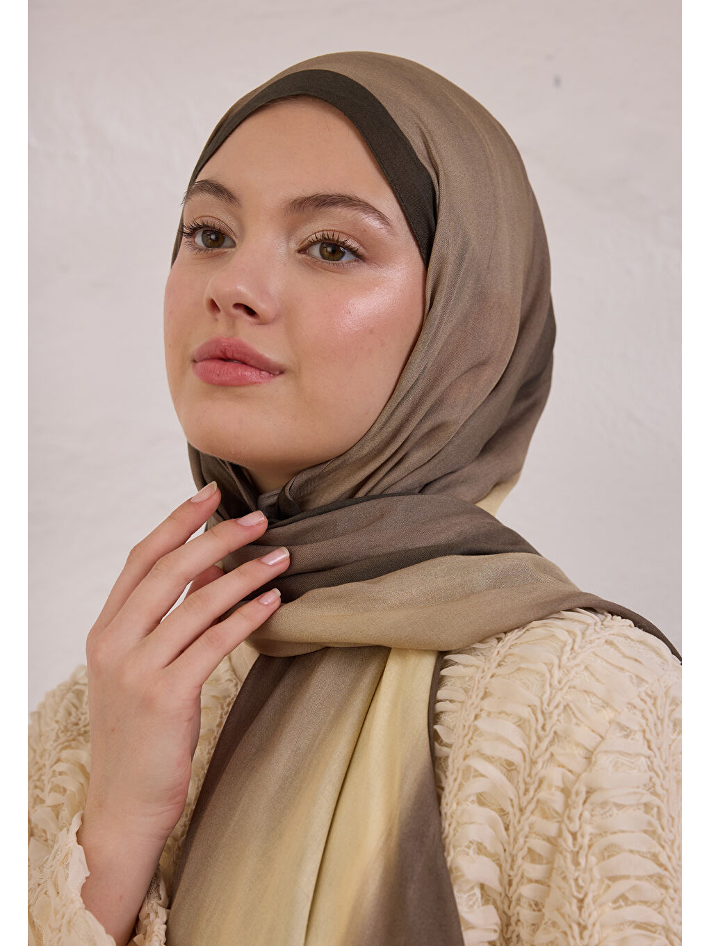 Bej Color Brush Desen Rami Şal Vizon-4