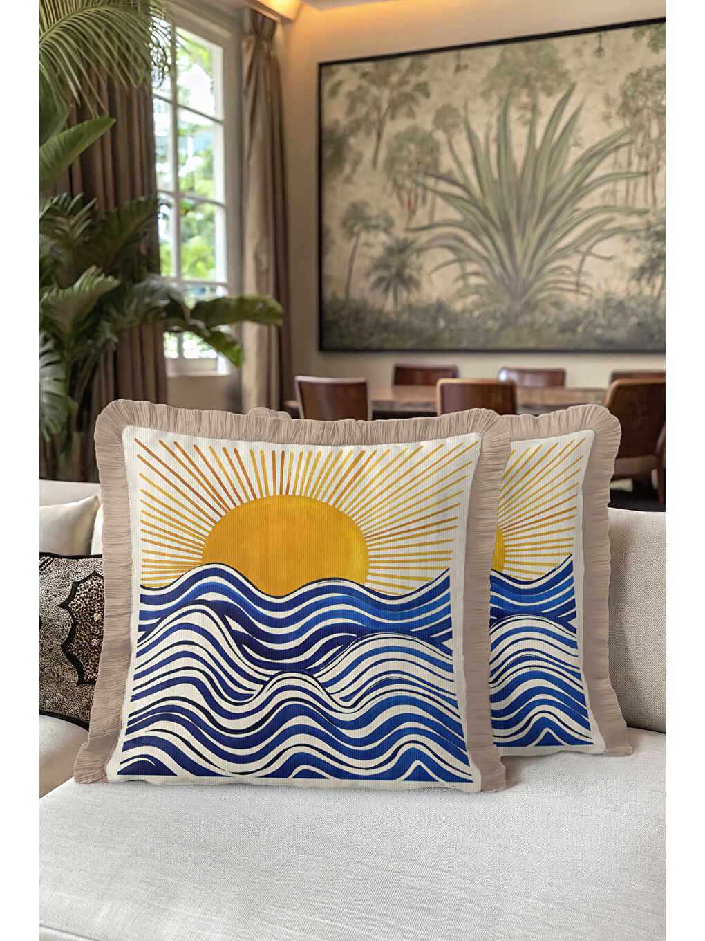 Karışık Deniz Dalgası Saçaklı Yastık Kılıfı - Akdeniz Temalı Modern Mavi Altın Renk Püsküllü Kırlent Kılıfı-5