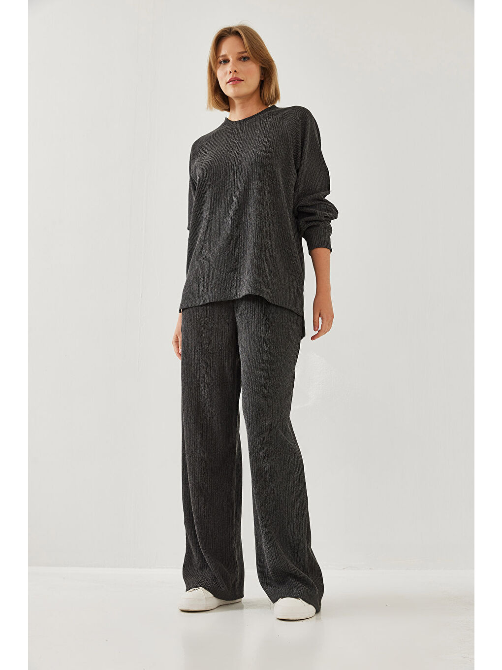 Gri Kadın Beli Lastikli İkili Alt Üst Takım-5