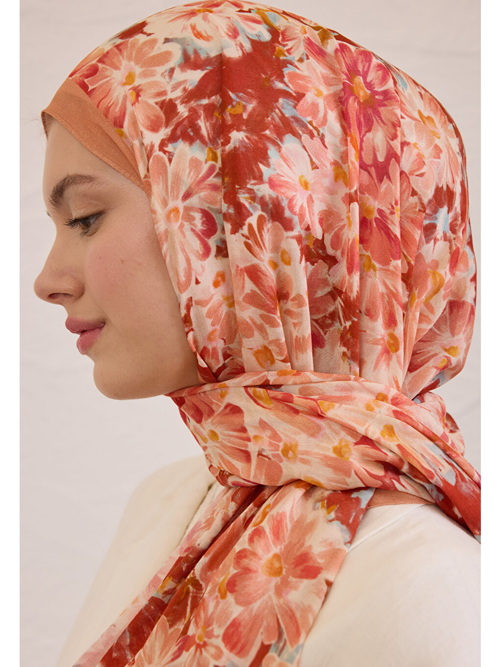 Turuncu Cherry Blossom Desen Rami Şal Şeftalı-3