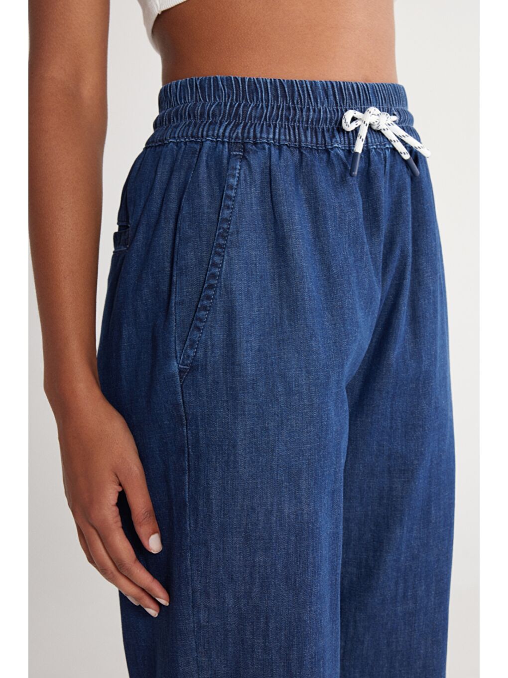 Bej Regular Fit Normal Kesim %100 Pamuk Yüksek Bel Jean Jogger Pantolon-5