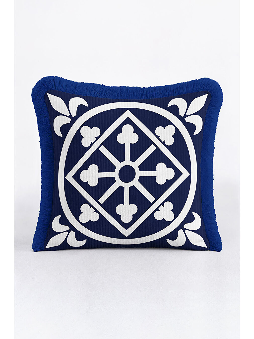 Karışık Zarif Geometrik Saçaklı Yastık Kılıfı - Lüks Mavi Akdeniz Tarzı Krem Püsküllü Kırlent Kılıfı-2