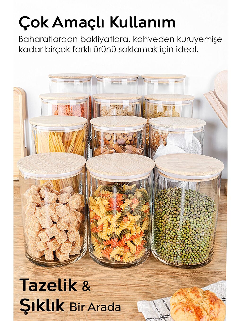 Renksiz 12'li Bambu Kapak Cam Saklama Kabı Etiketli Vakum Kapaklı Bakliyat Erzak Cam Kavanoz Seti 1050 ml-2