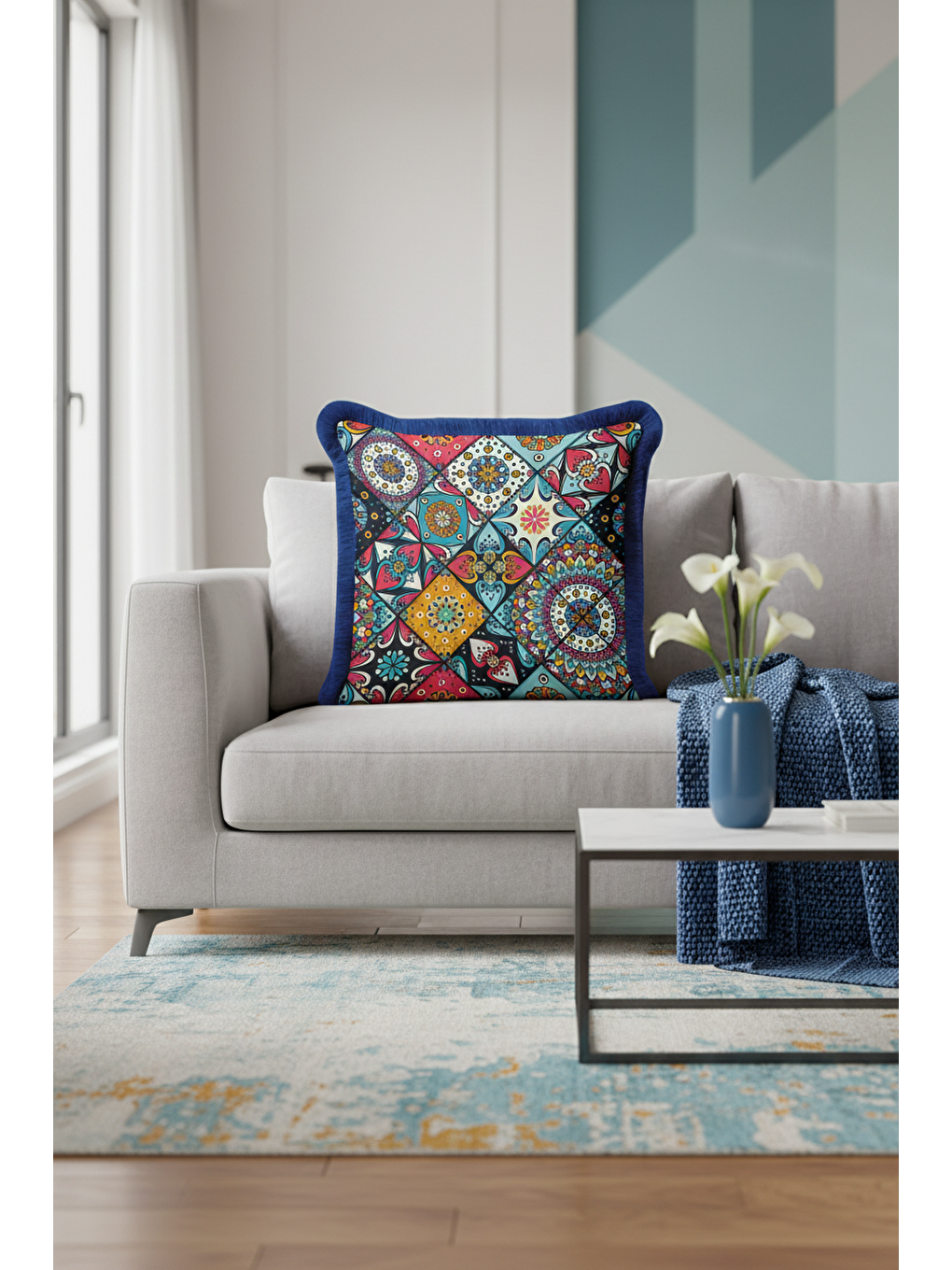 Karışık Etnik Mandala Saçaklı Yastık Kılıfı - Canlı Bohem Mavi Turuncu Püsküllü Kırlent Kılıfı-2