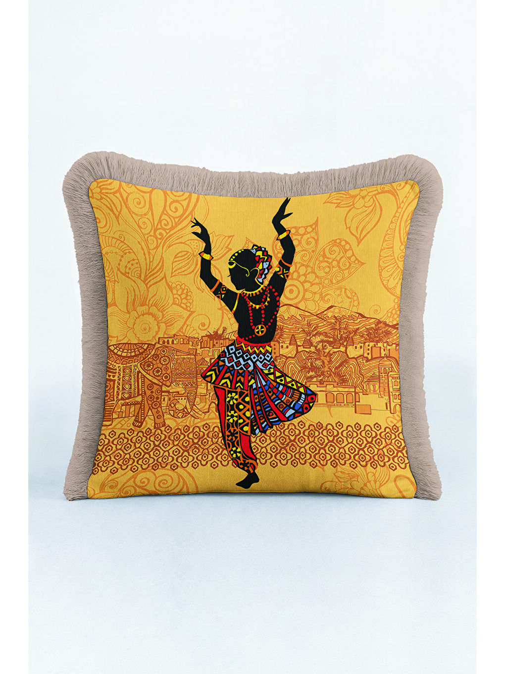 Karışık Hint Motifli Saçaklı Yastık Kılıfı - Sanatsal Bohem Altın Renkli Gri Püsküllü Kırlent Kılıfı-2