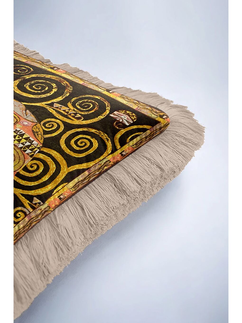 Karışık Sanat Eseri İllüstrasyonlu Saçaklı Yastık Kılıfı - Soyut Bohem Altın Renkli Püsküllü Kırlent Kılıfı-6