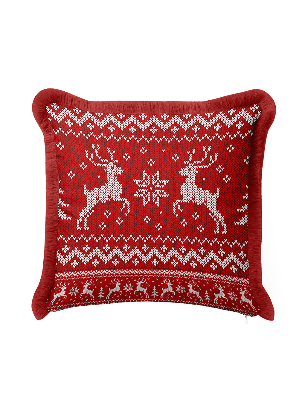 Karışık Nordik Geyikli Saçaklı Yastık Kılıfı - Kış Temalı Rustik Kırmızı Püsküllü Kırlent Kılıfı-1