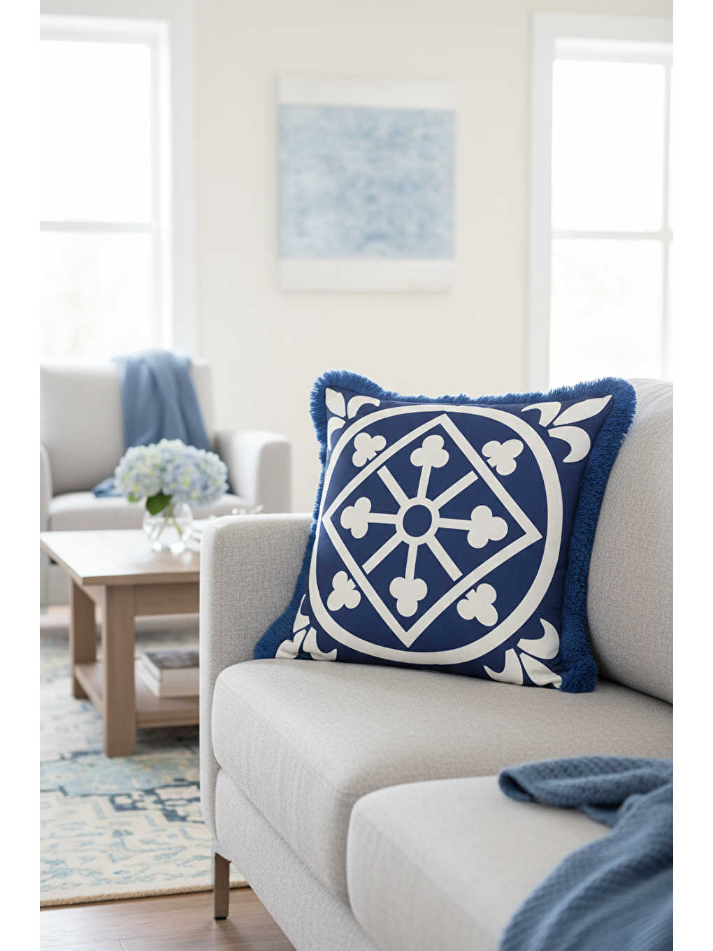 Karışık Zarif Geometrik Saçaklı Yastık Kılıfı - Lüks Mavi Akdeniz Tarzı Krem Püsküllü Kırlent Kılıfı-3