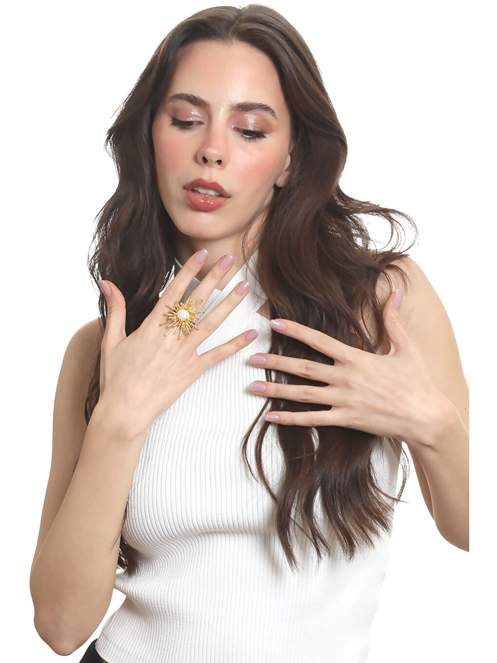 Sarı Kadın Altın Renk Kaplama İnci Detaylı Ayarlanabilir Büyük Güneş Yüzük-5