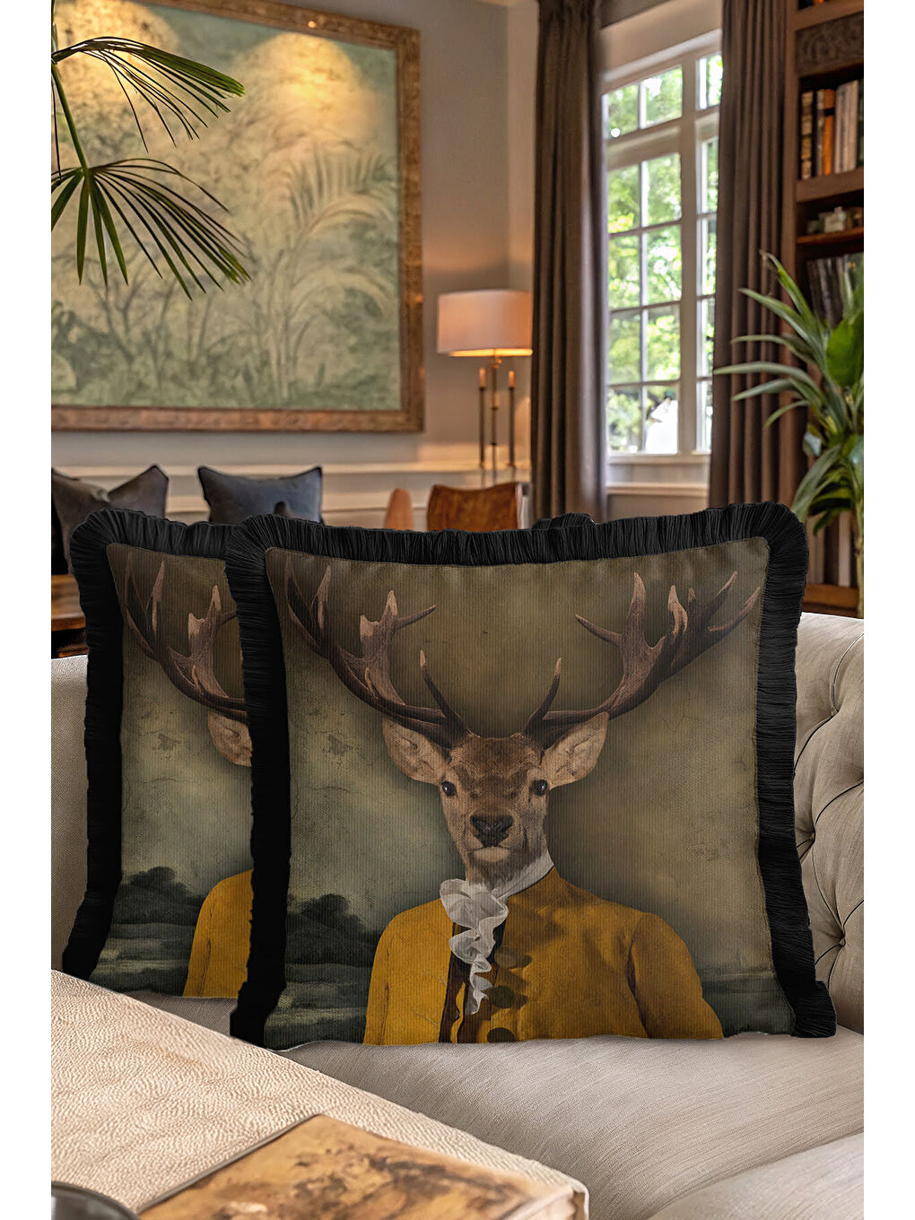 Karışık Sofistike Vintage Avangard Saçaklı Yastık Kılıfı - Portre Klasik Retro Gold Püsküllü Kırlent Kılıfı-7