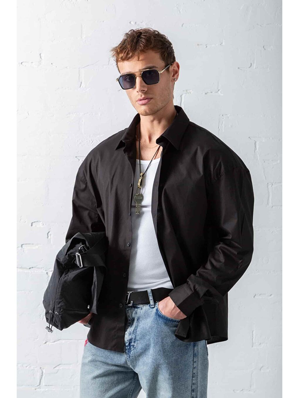 Erkek Oversize Uzun Kollu Basic Gömlek Siyah-4