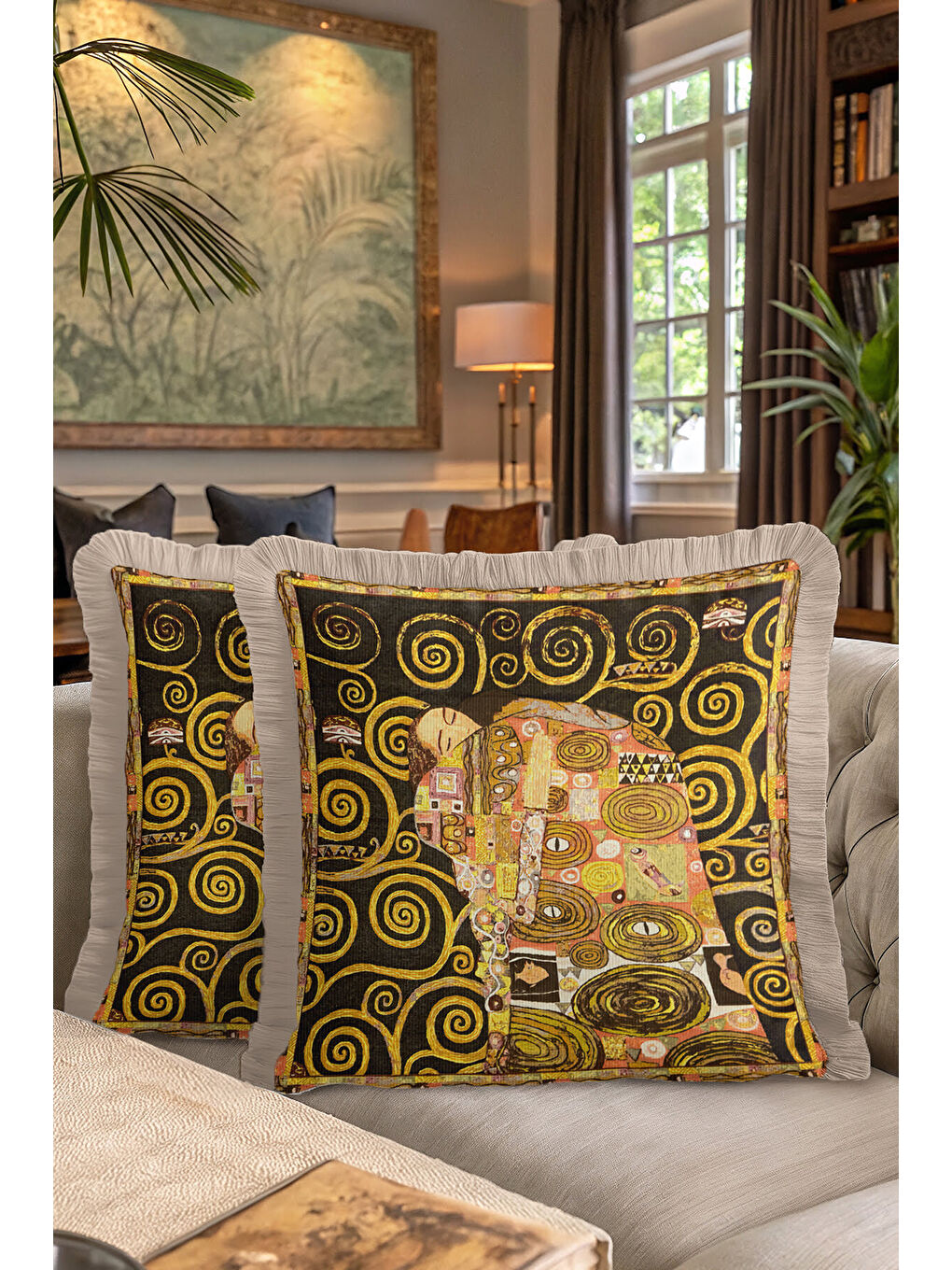Karışık Sanat Eseri İllüstrasyonlu Saçaklı Yastık Kılıfı - Soyut Bohem Altın Renkli Püsküllü Kırlent Kılıfı-7