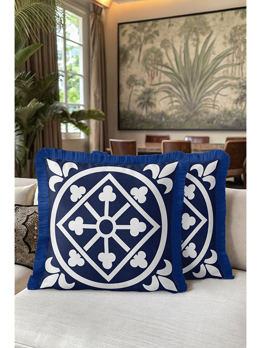 Karışık Zarif Geometrik Saçaklı Yastık Kılıfı - Lüks Mavi Akdeniz Tarzı Krem Püsküllü Kırlent Kılıfı-5