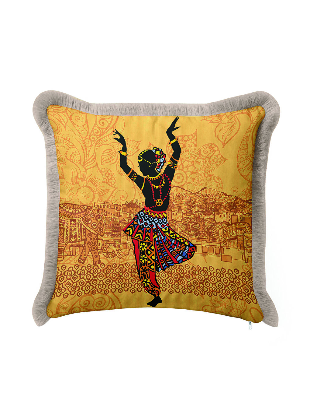 Karışık Hint Motifli Saçaklı Yastık Kılıfı - Sanatsal Bohem Altın Renkli Gri Püsküllü Kırlent Kılıfı-3