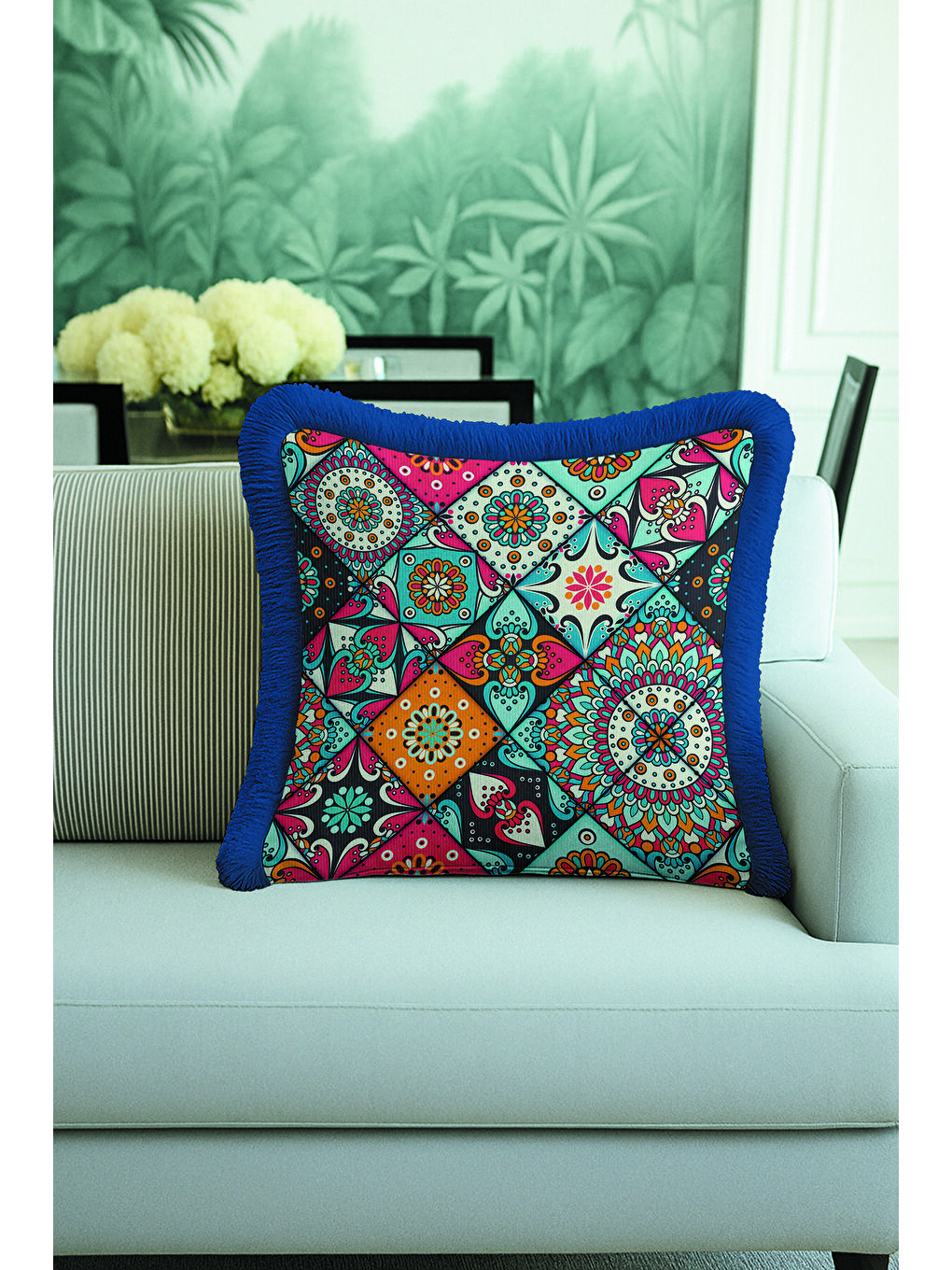 Karışık Etnik Mandala Saçaklı Yastık Kılıfı - Canlı Bohem Mavi Turuncu Püsküllü Kırlent Kılıfı-3