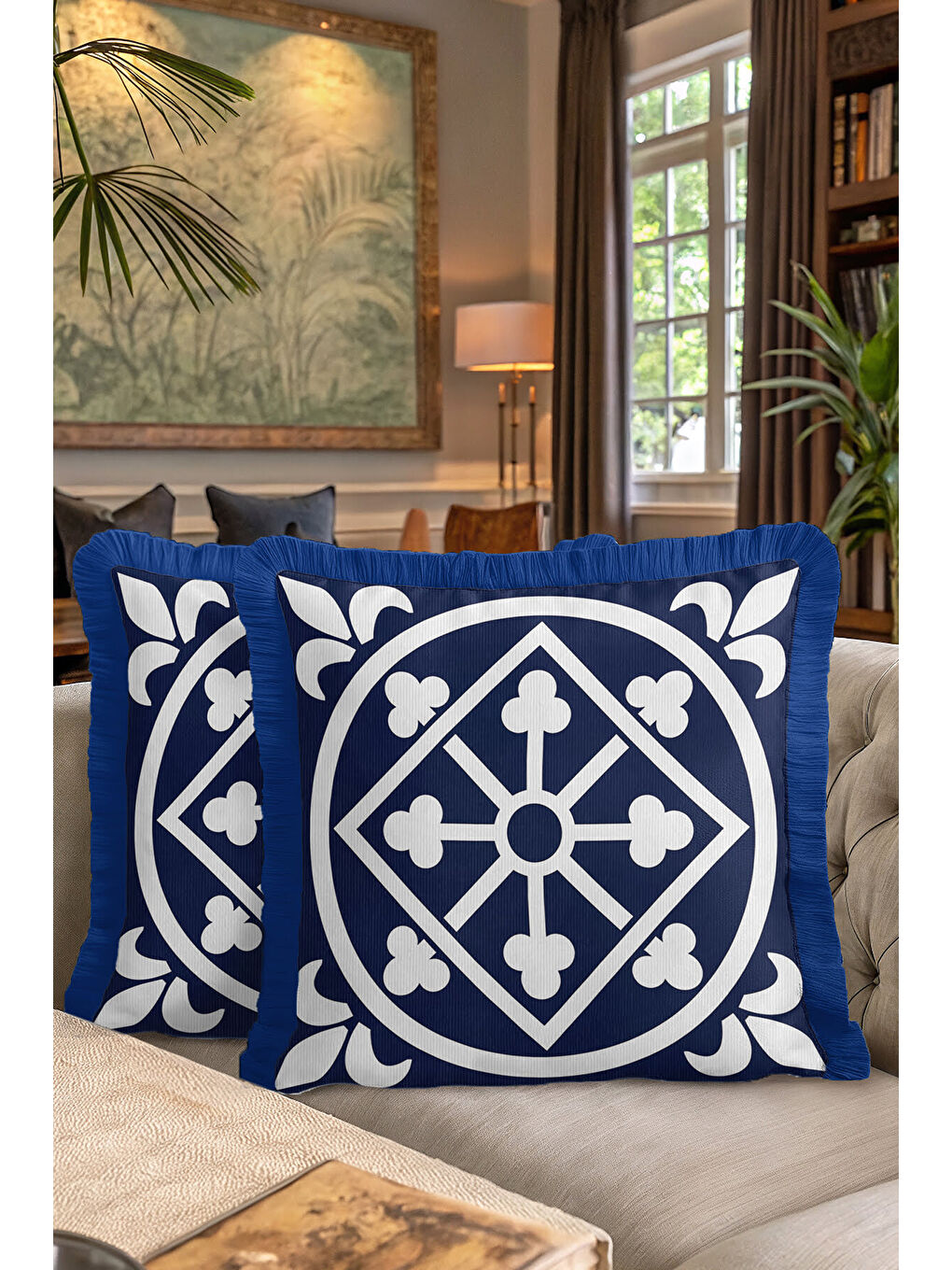 Karışık Zarif Geometrik Saçaklı Yastık Kılıfı - Lüks Mavi Akdeniz Tarzı Krem Püsküllü Kırlent Kılıfı-7